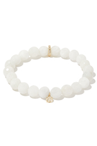 Baguette and Round Bezel Rondelle on Moonstone Bead Bracelet with 14K Yellow Gold